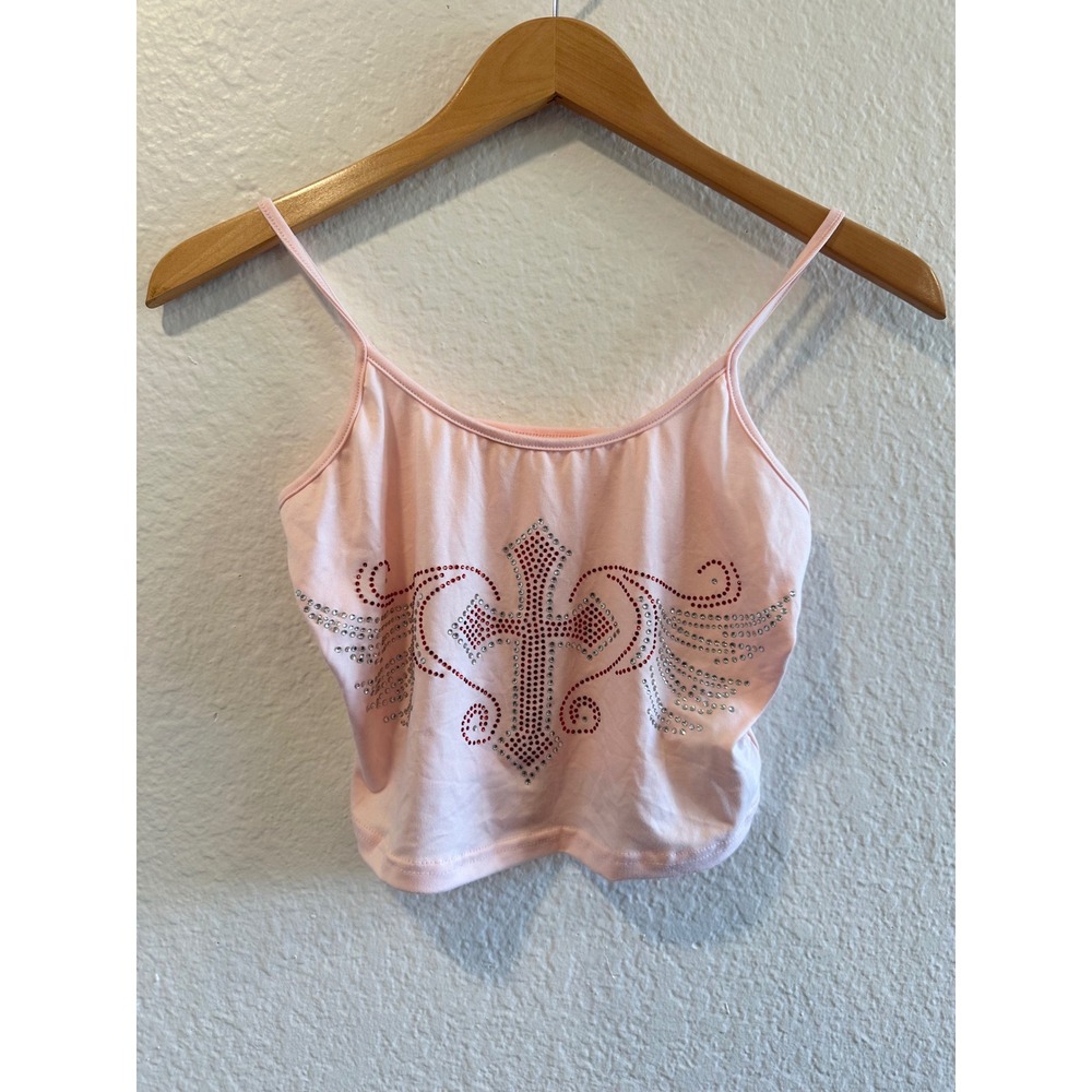 Romwe Pink Rhinestone Cross Wing Graphic Cami Crop Top XS US 2 Y2K Streetwear - Picture 2 of 11